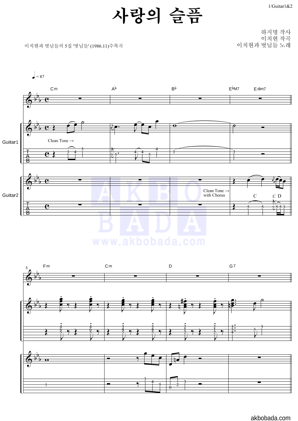 이치현과 벗님들 - 사랑의 슬픔 기타1,2 악보 