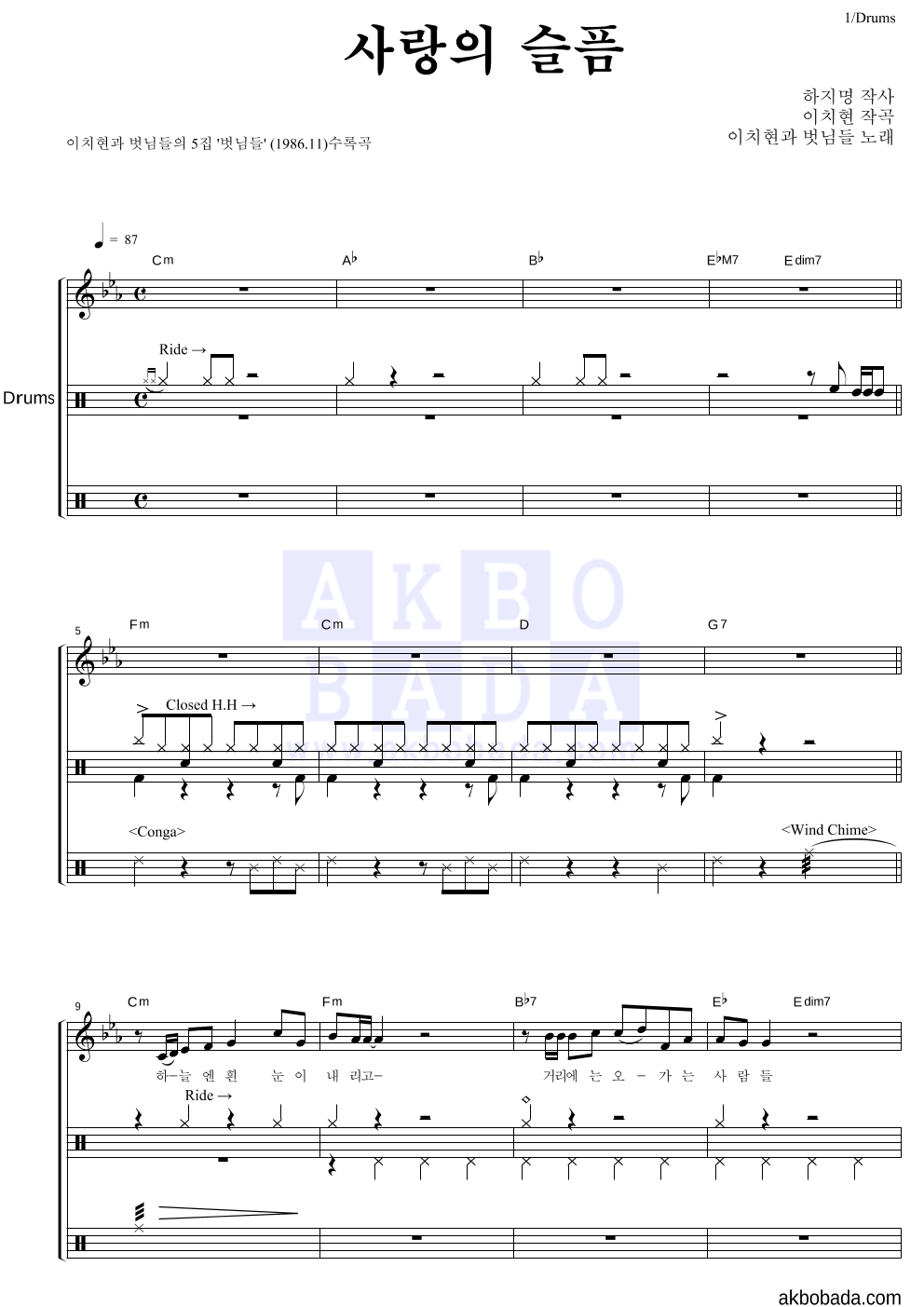 이치현과 벗님들 - 사랑의 슬픔 드럼 악보 