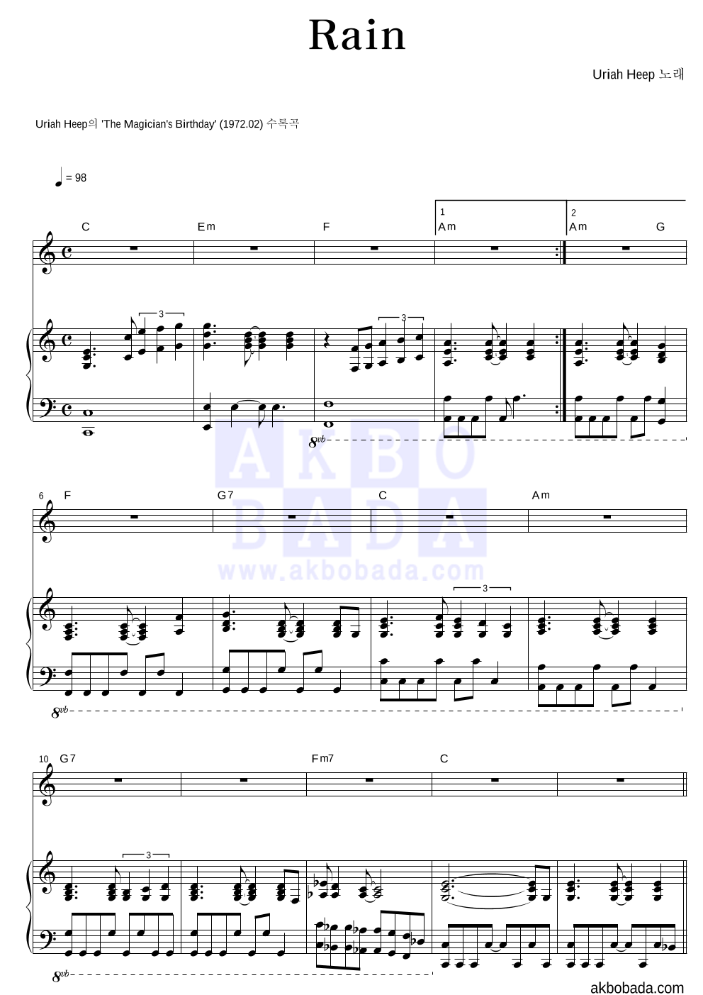 Uriah Heep - Rain 피아노 3단 악보 