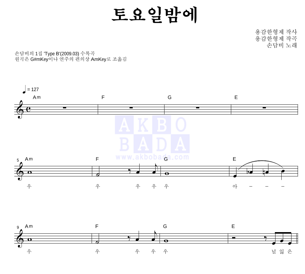 손담비 - 토요일밤에 멜로디 악보 