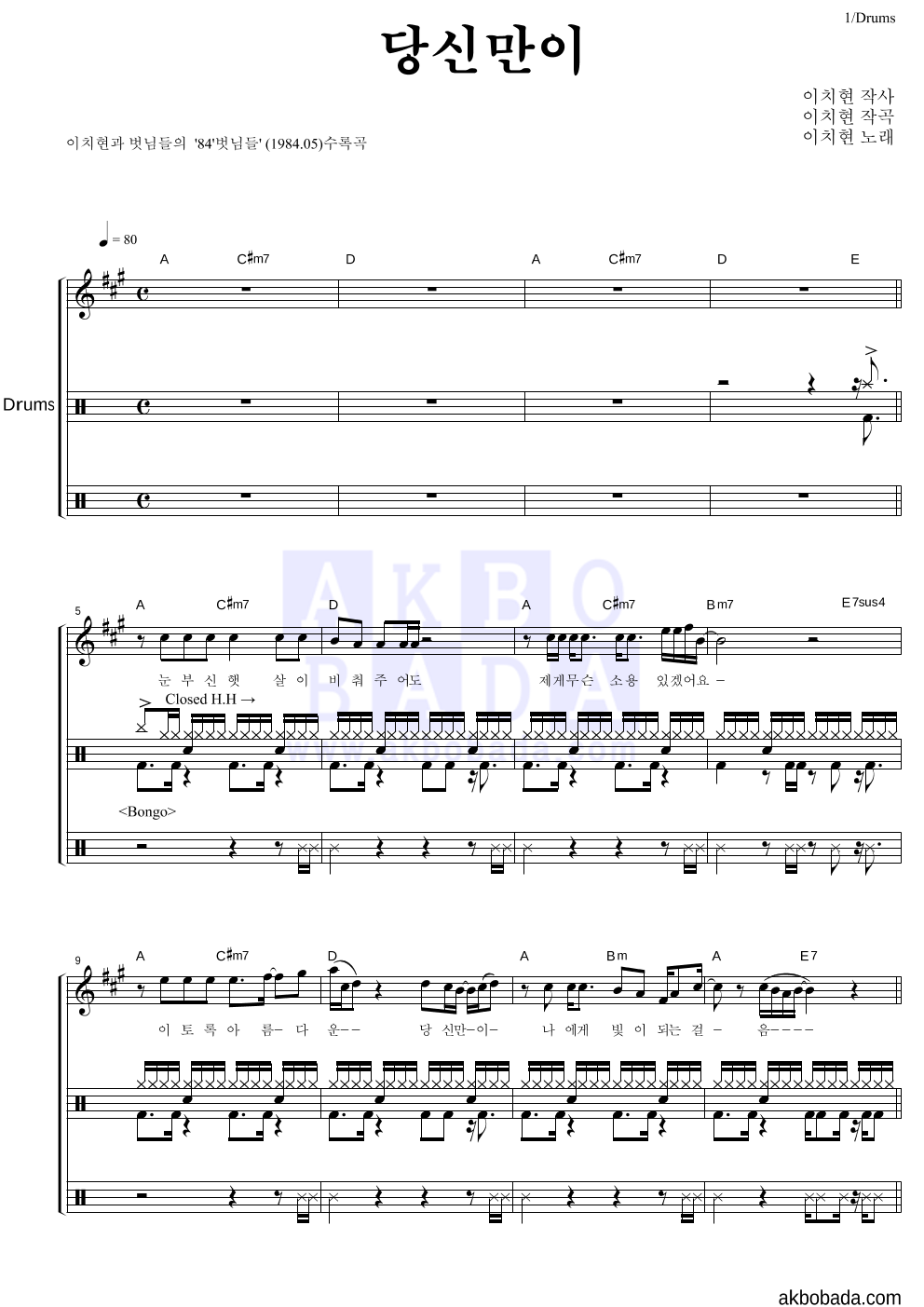 이치현과 벗님들 - 당신만이 드럼 악보 