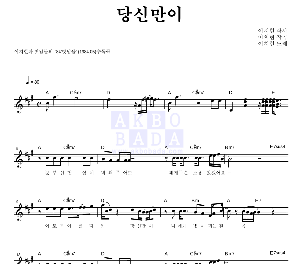 이치현과 벗님들 - 당신만이 멜로디 악보 