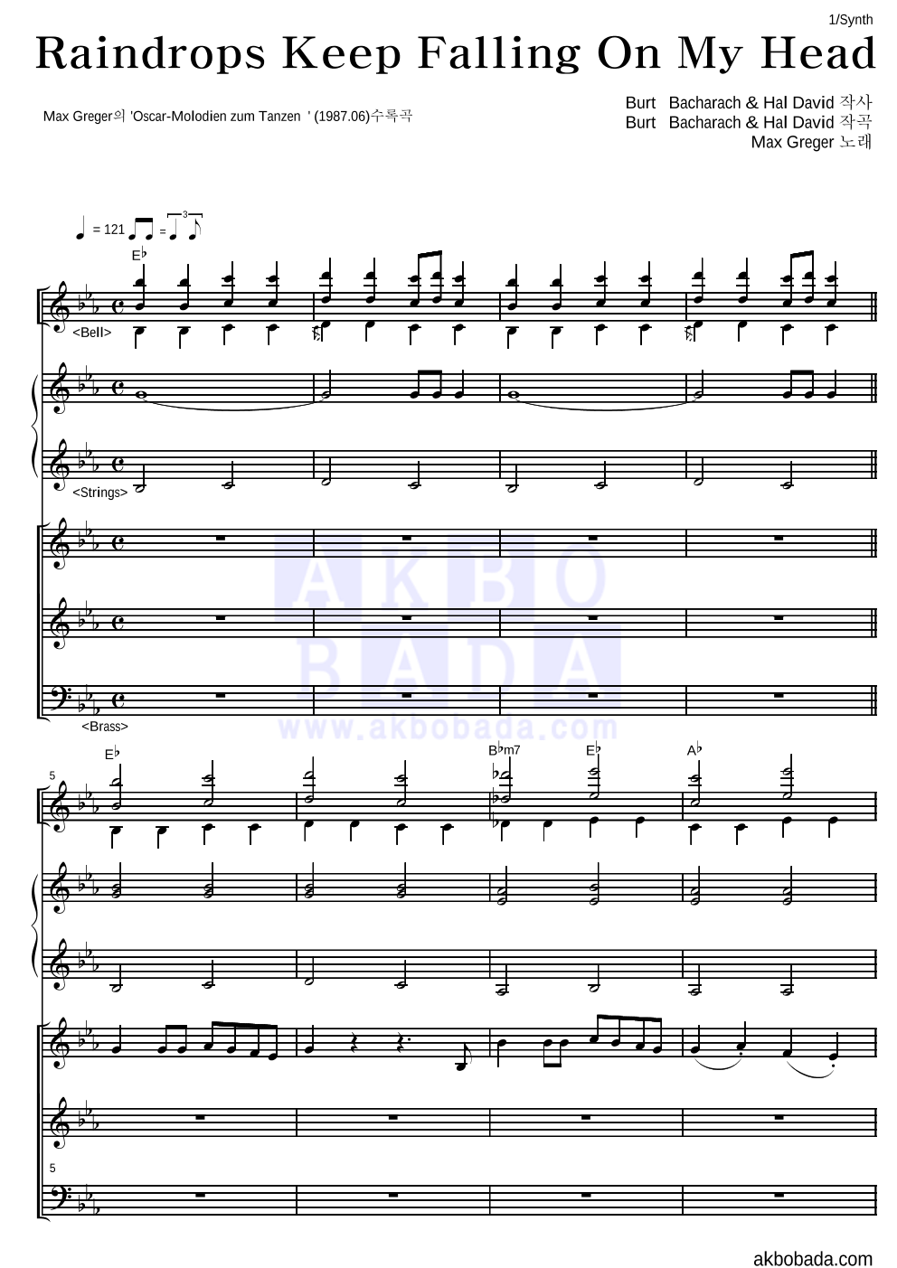 Max Greger - Raindrops Keep Falling On My Head 건반 악보 