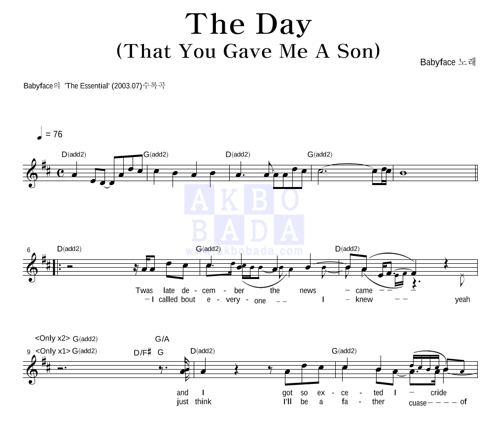 Babyface - The Day (That You Gave Me A Son) 멜로디 악보 