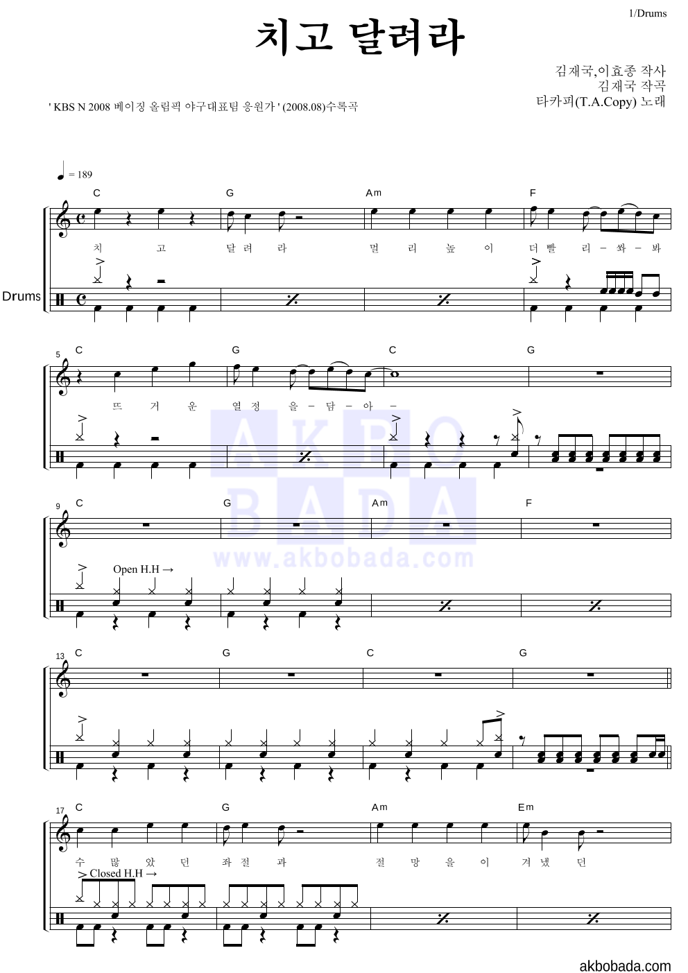 타카피 - 치고 달려라 드럼 악보 