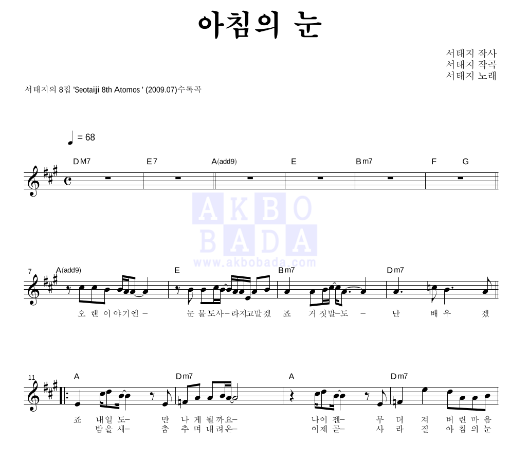 서태지 - 아침의 눈 멜로디 악보 