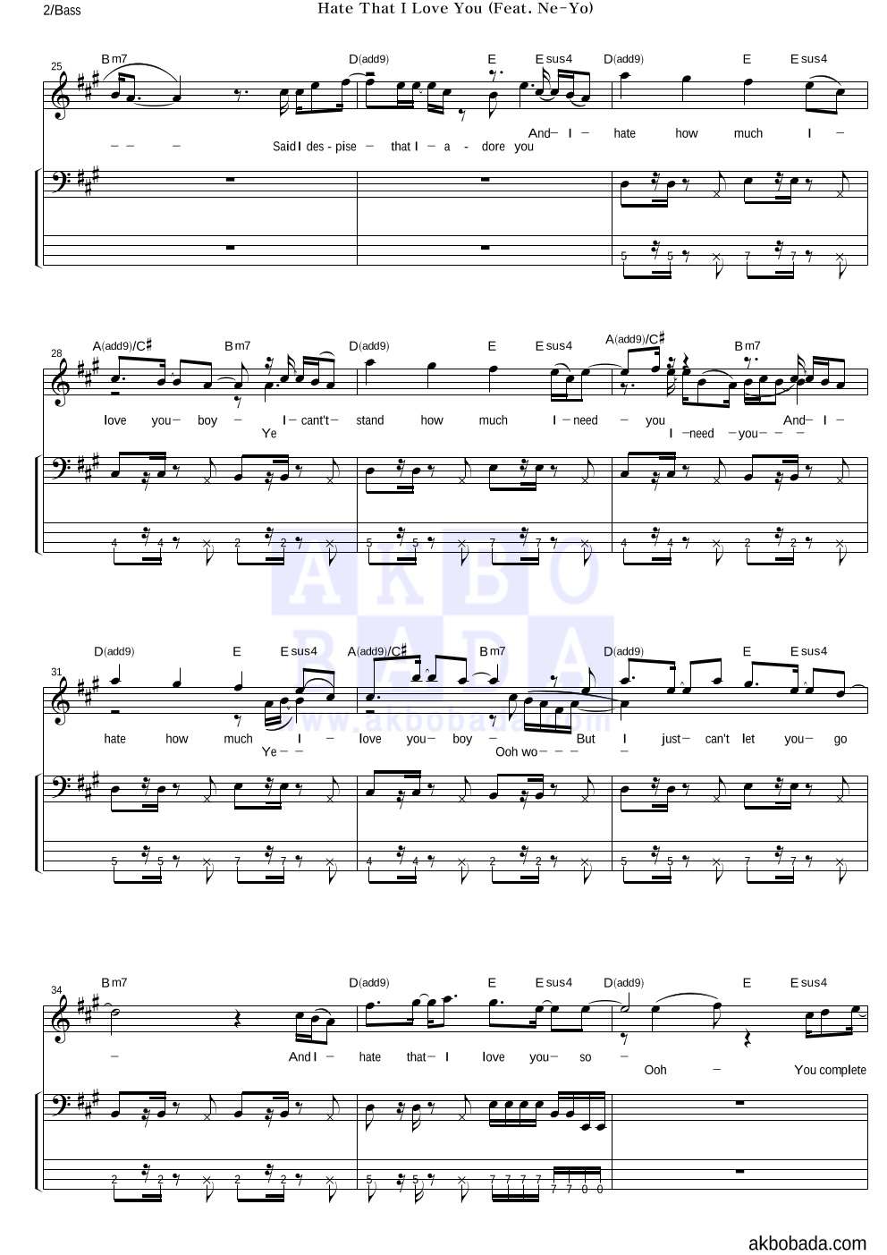 Rihanna - Hate That I Love You (Feat. Ne-Yo) 베이스 악보 