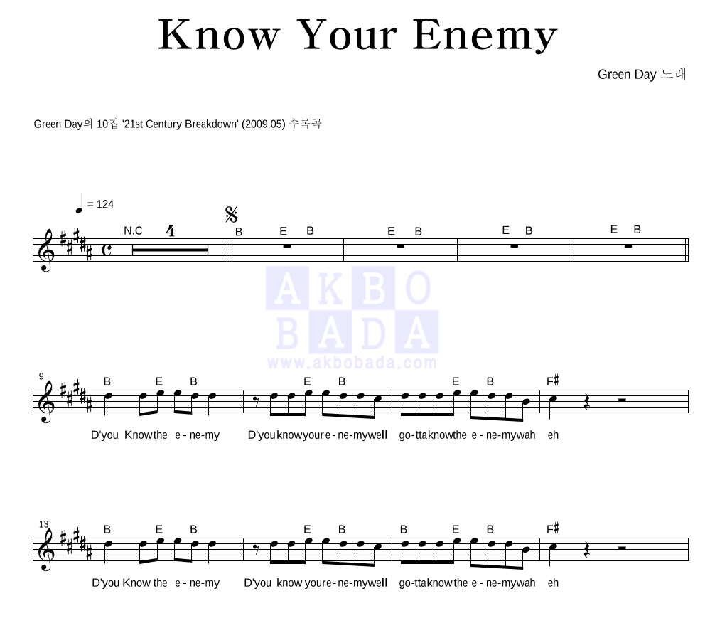 Green Day - Know Your Enemy 멜로디 악보 