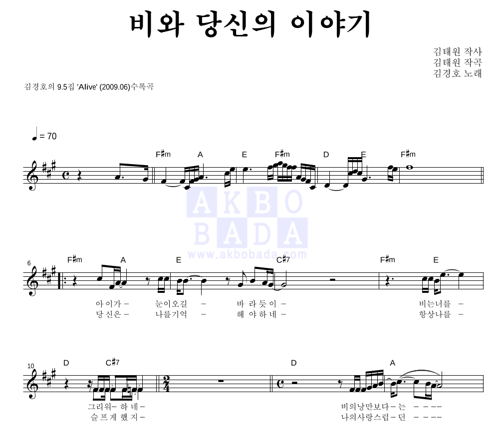 김경호 - 비와 당신의 이야기 멜로디 악보 