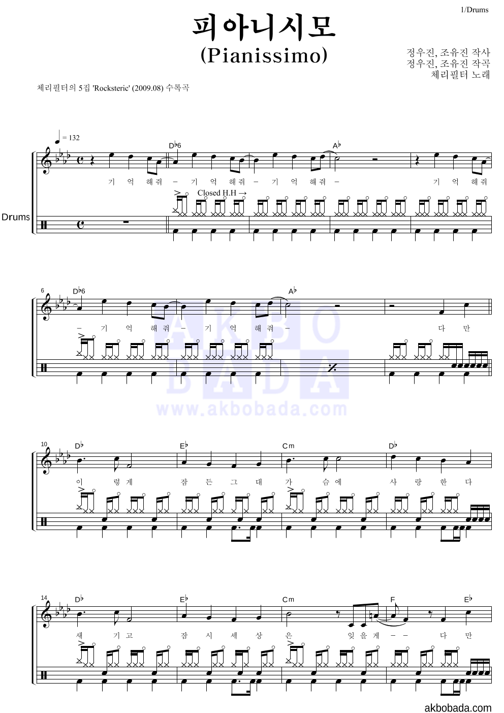 체리필터 - 피아니시모 (Pianissimo) 드럼 악보 