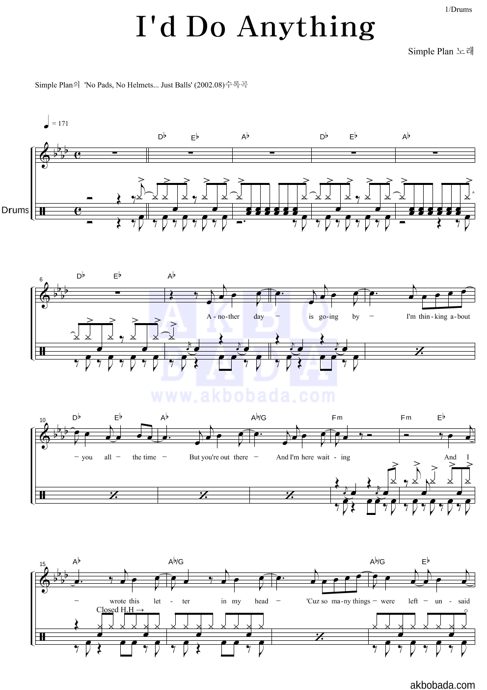 Simple Plan - I'd Do Anything 드럼 악보 