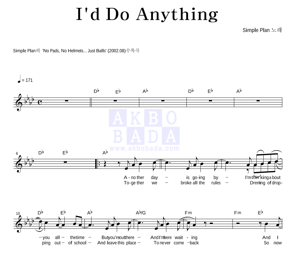 Simple Plan - I'd Do Anything 멜로디 악보 