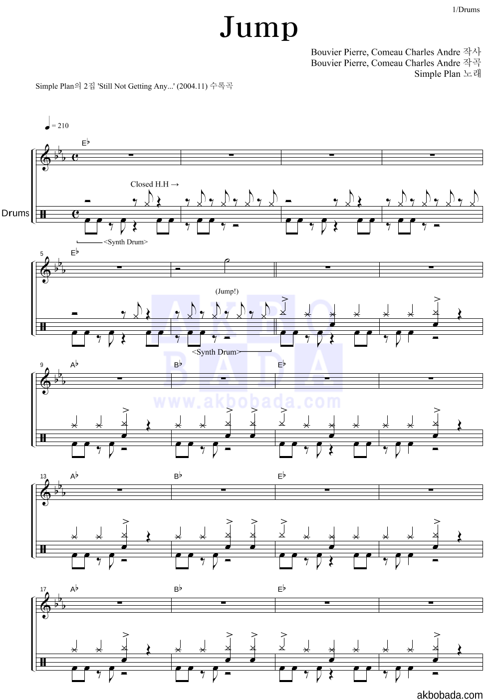 Simple Plan - Jump 드럼 악보 