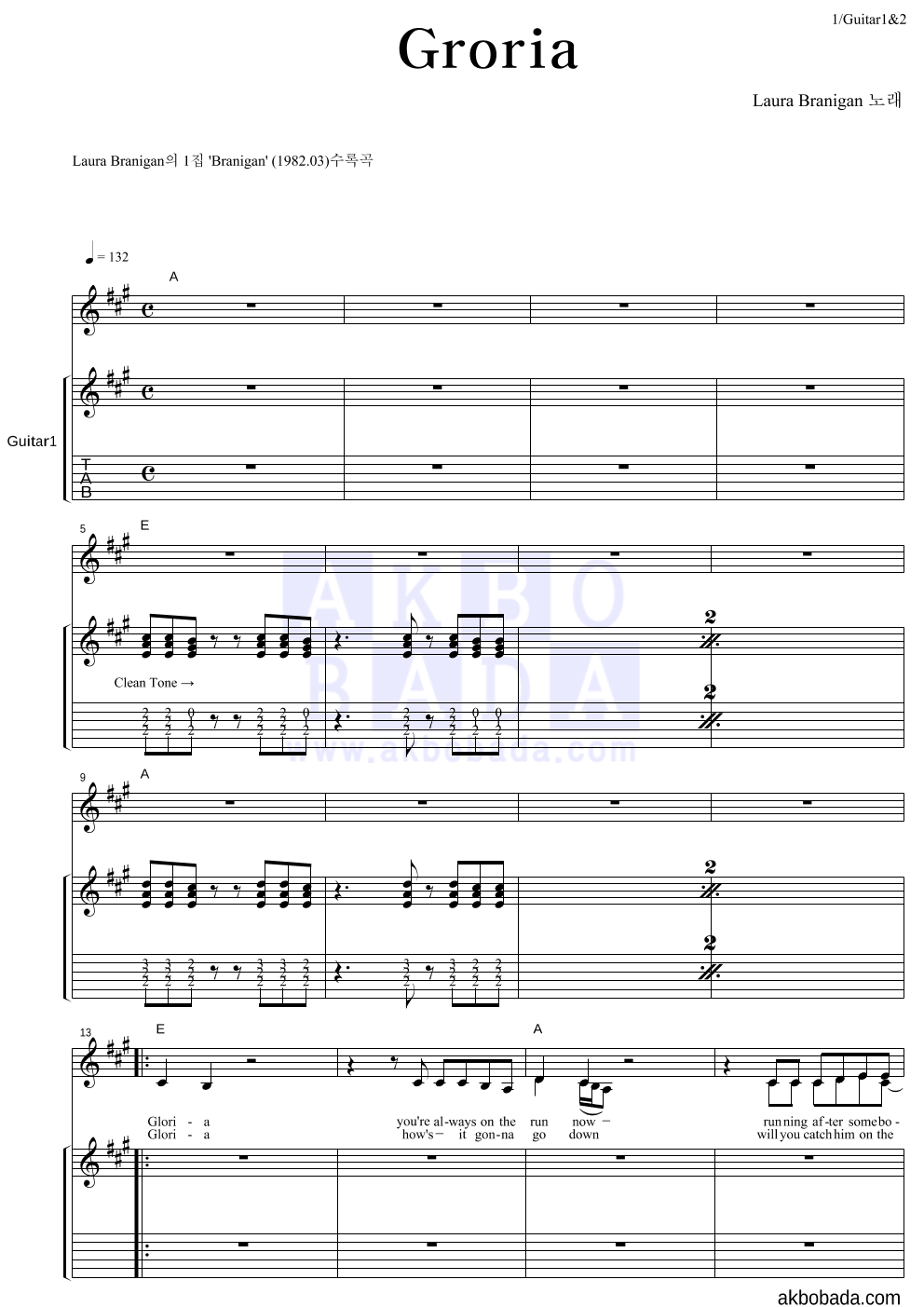 Laura Branigan - Gloria 기타1,2 악보 