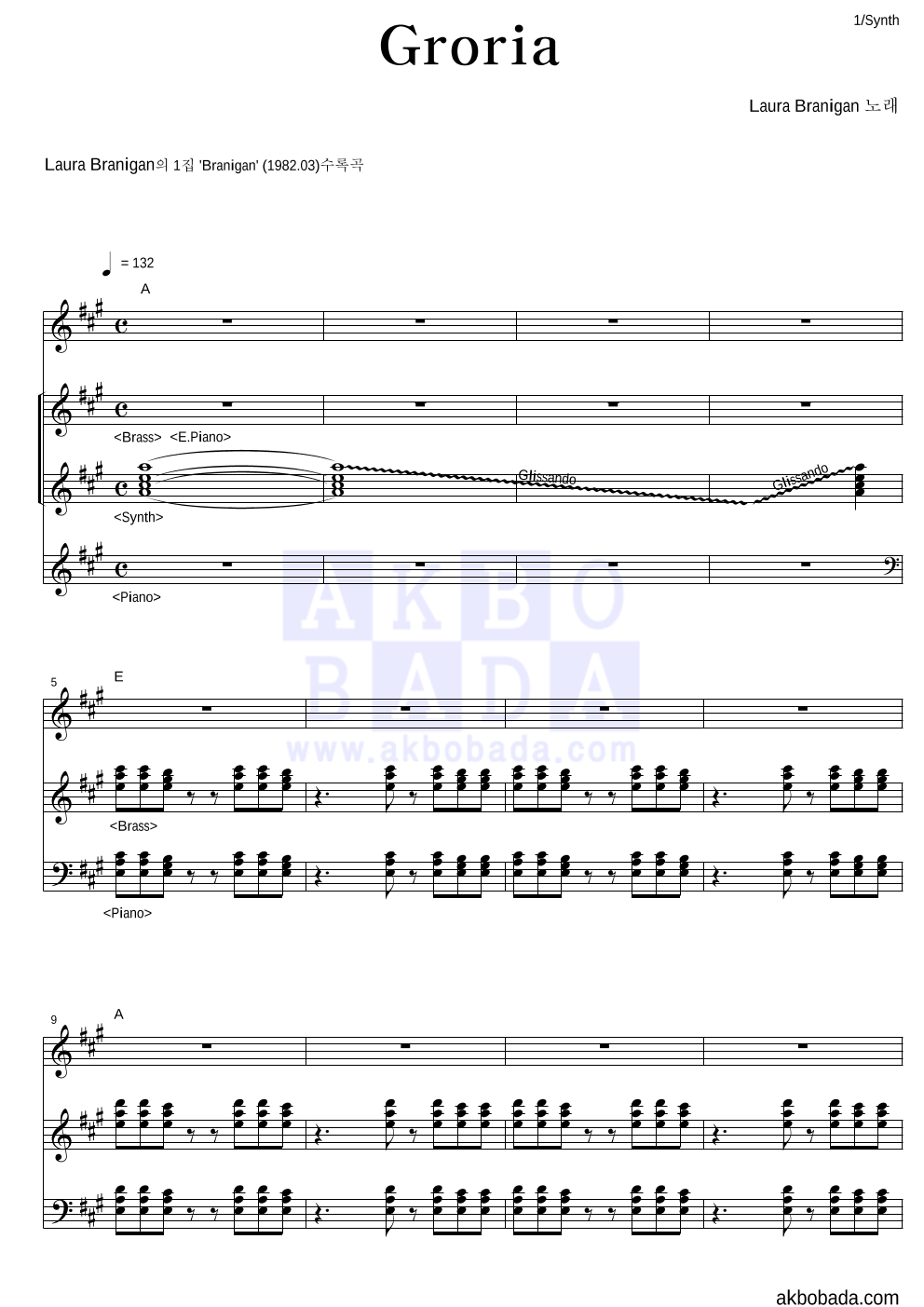 Laura Branigan - Gloria 건반 악보 
