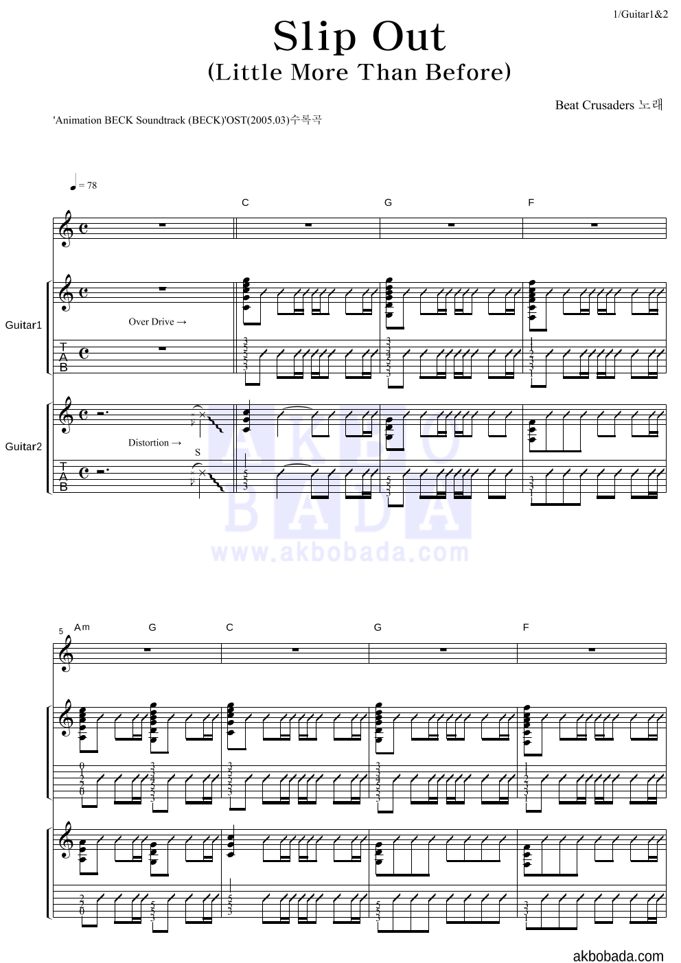 Beat Crusaders - Slip Out (Little More Than Before) 기타1,2 악보 
