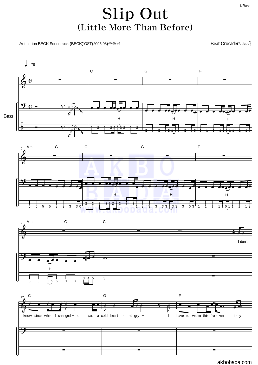 Beat Crusaders - Slip Out (Little More Than Before) 베이스 악보 