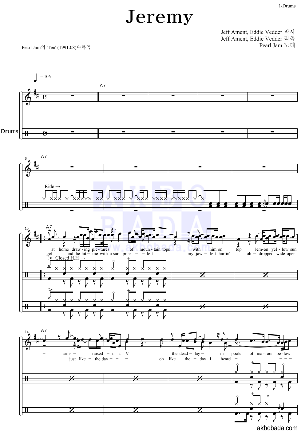 Pearl Jam - Jeremy 드럼 악보 