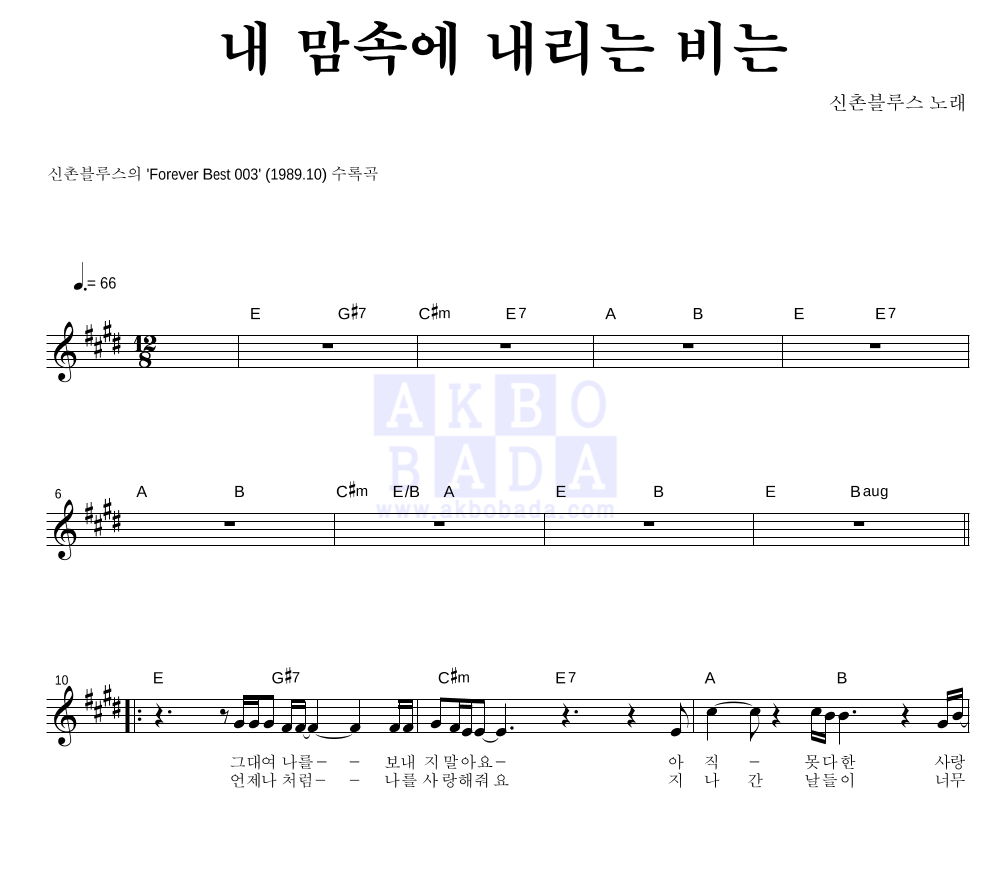 신촌블루스 - 내 맘속에 내리는 비는 멜로디 악보 