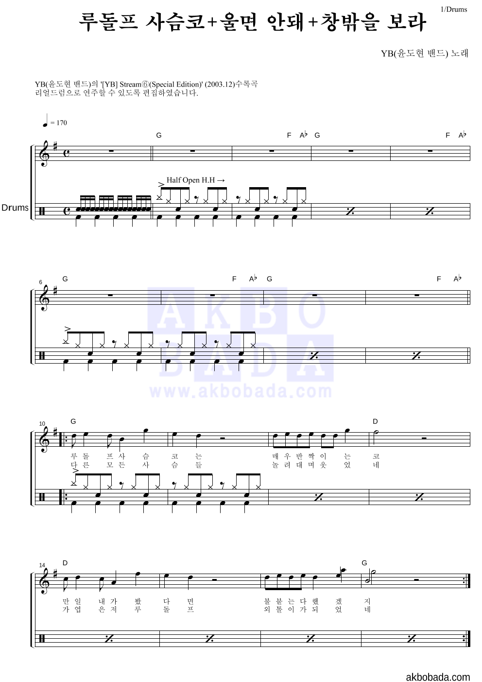 YB(윤도현 밴드) - 루돌프 사슴코+울면 안돼+창밖을 보라 드럼 악보 
