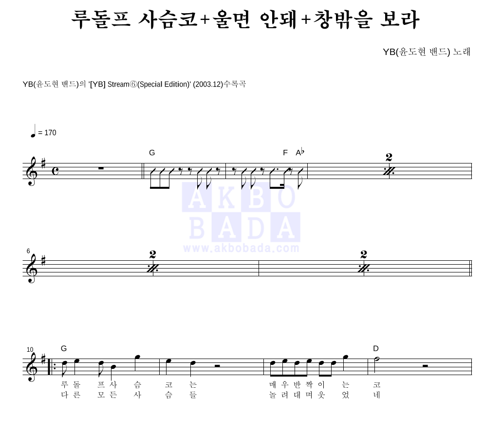 YB(윤도현 밴드) - 루돌프 사슴코+울면 안돼+창밖을 보라 멜로디 악보 