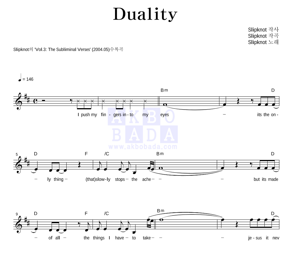 Slipknot - Duality 멜로디 악보 