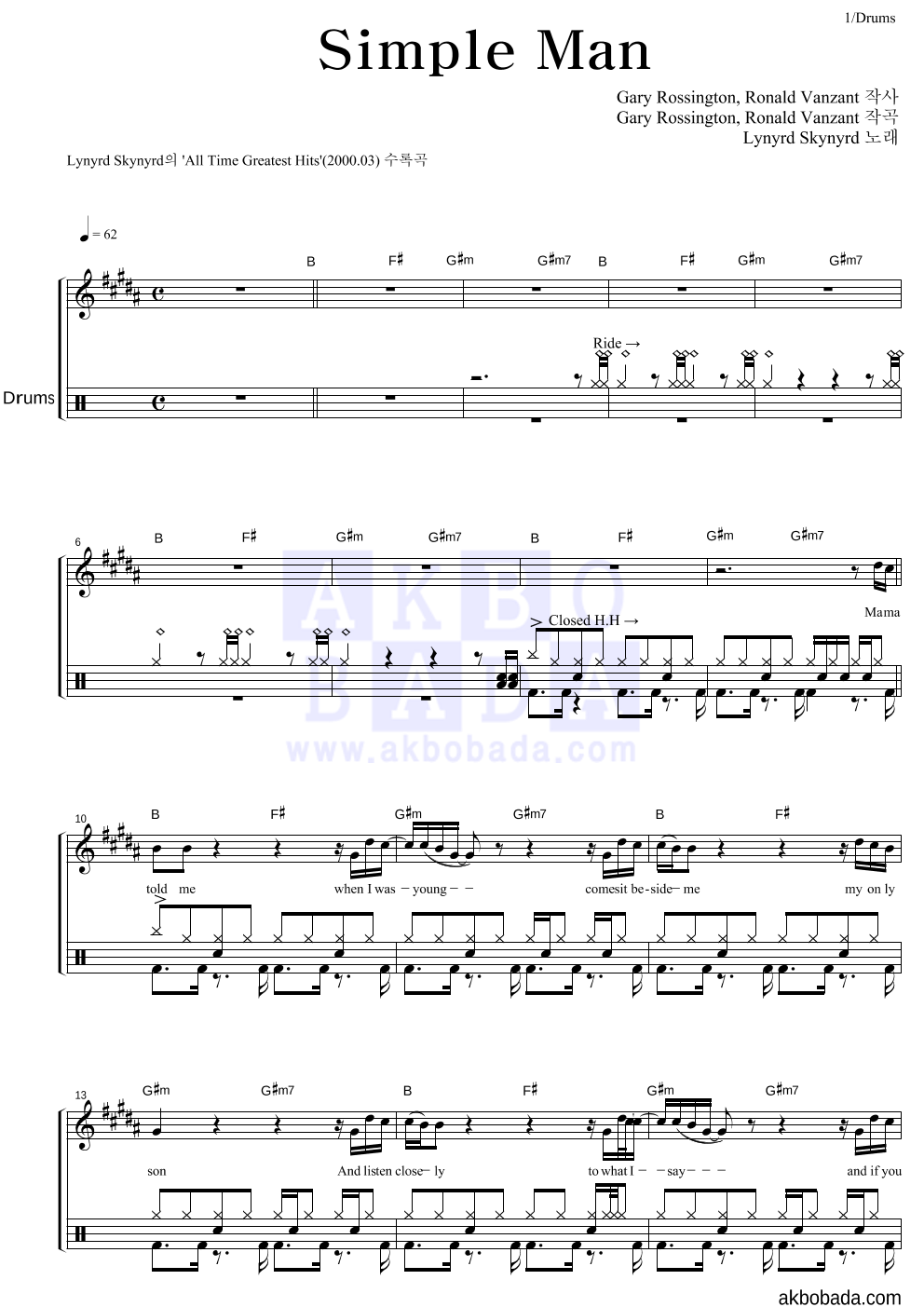 Lynyrd Skynyrd - Simple Man 드럼 악보 