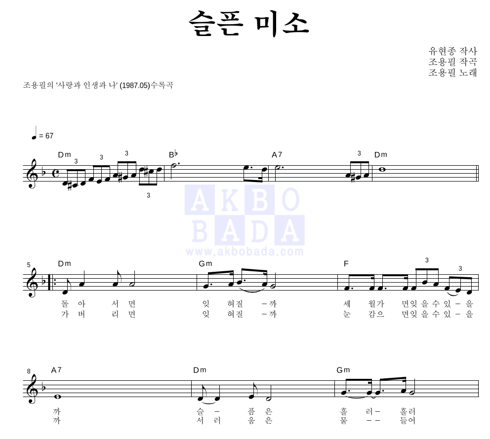 조용필 - 슬픈 미소 멜로디 악보 
