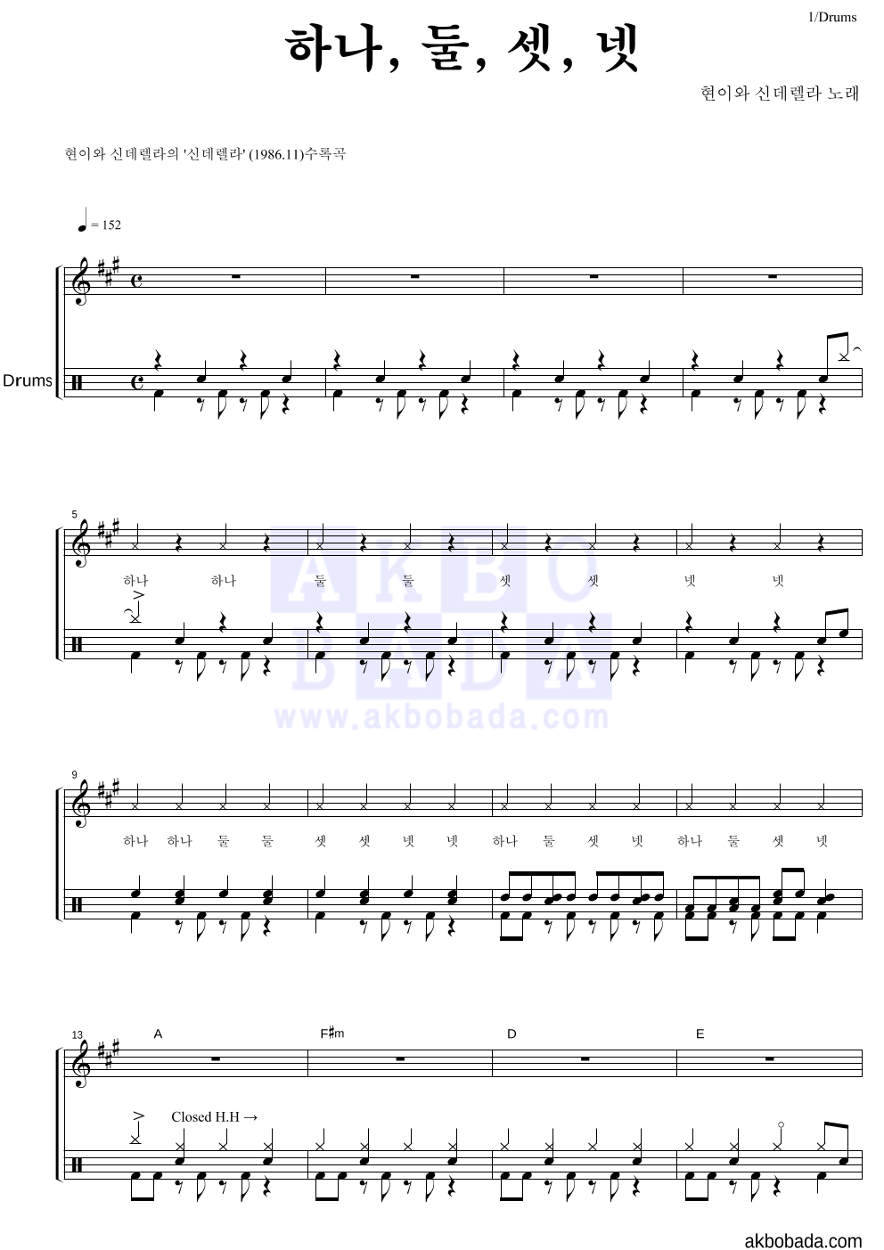 현이와 신데렐라 - 하나, 둘, 셋, 넷 드럼 악보 