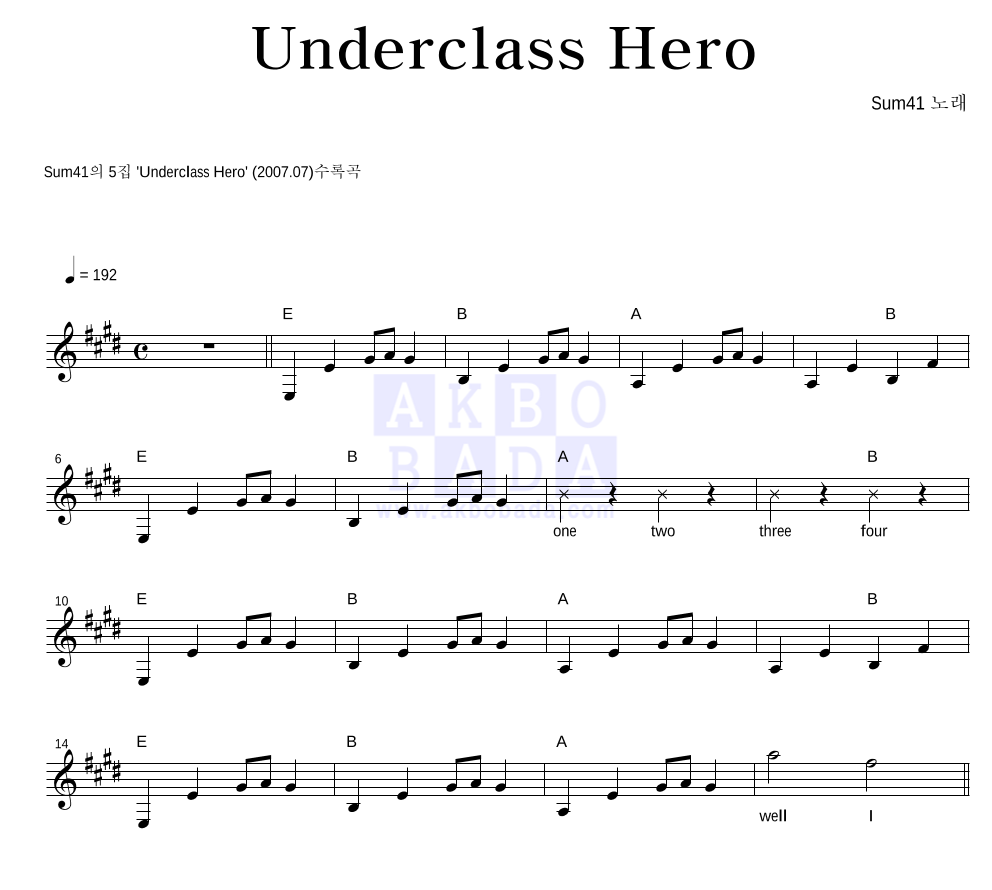 Sum 41 - Underclass Hero 멜로디 악보 