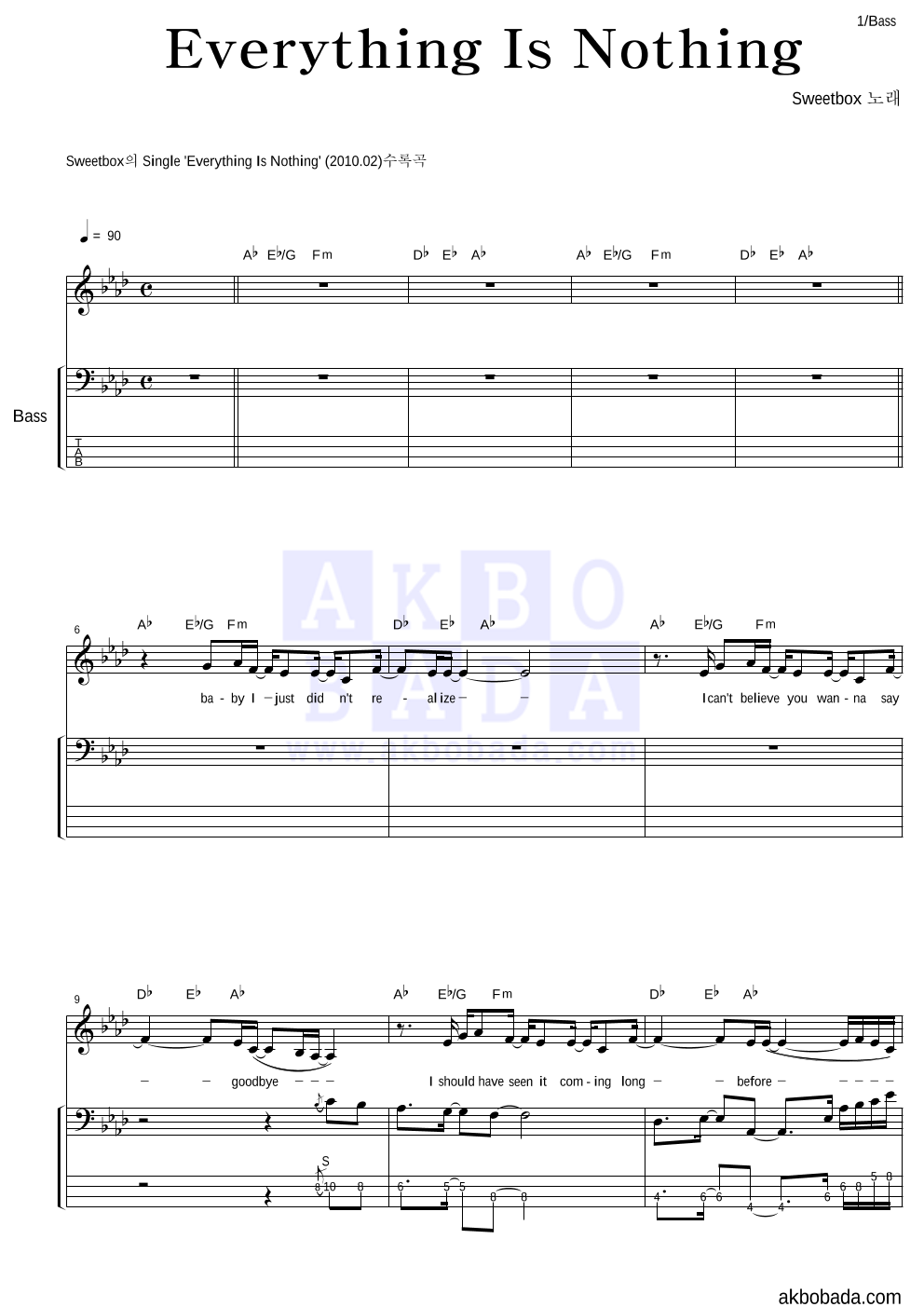 Sweetbox - Everything Is Nothing 베이스 악보 