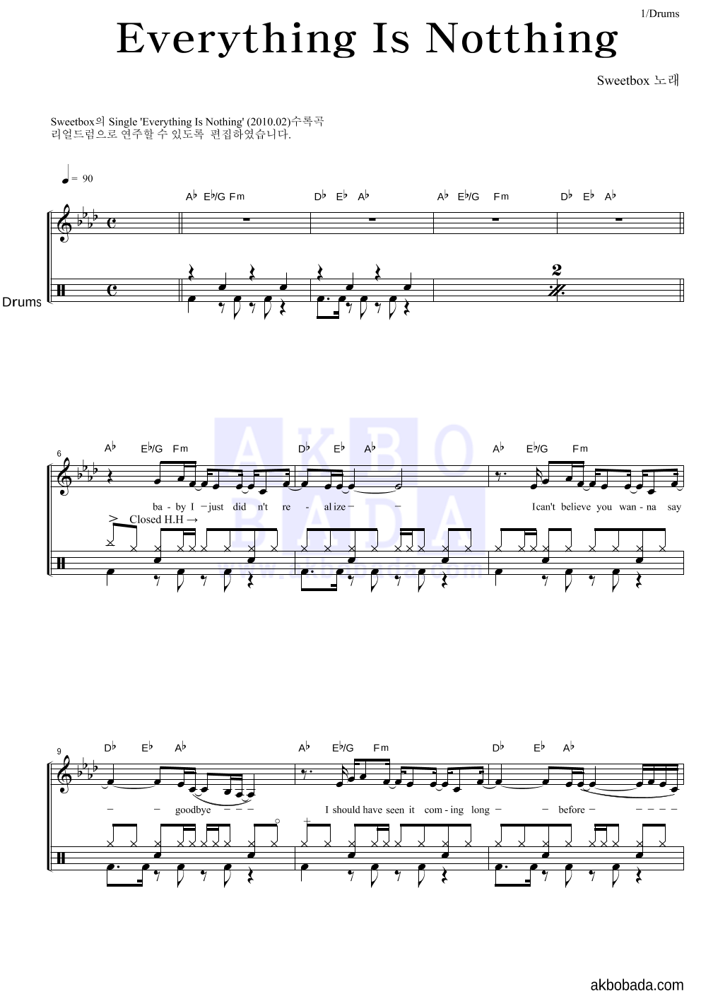 Sweetbox - Everything Is Nothing 드럼 악보 