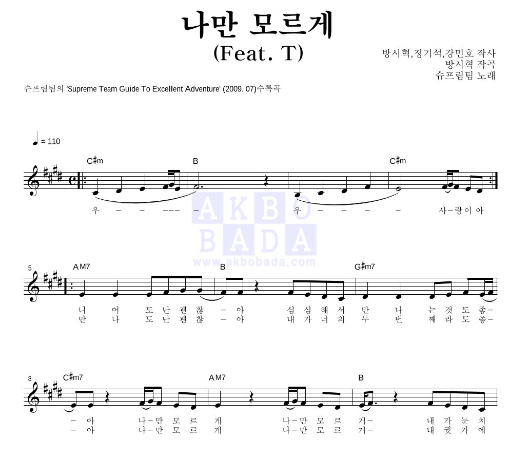 슈프림팀 - 나만 모르게 (Feat. T) 멜로디 악보 