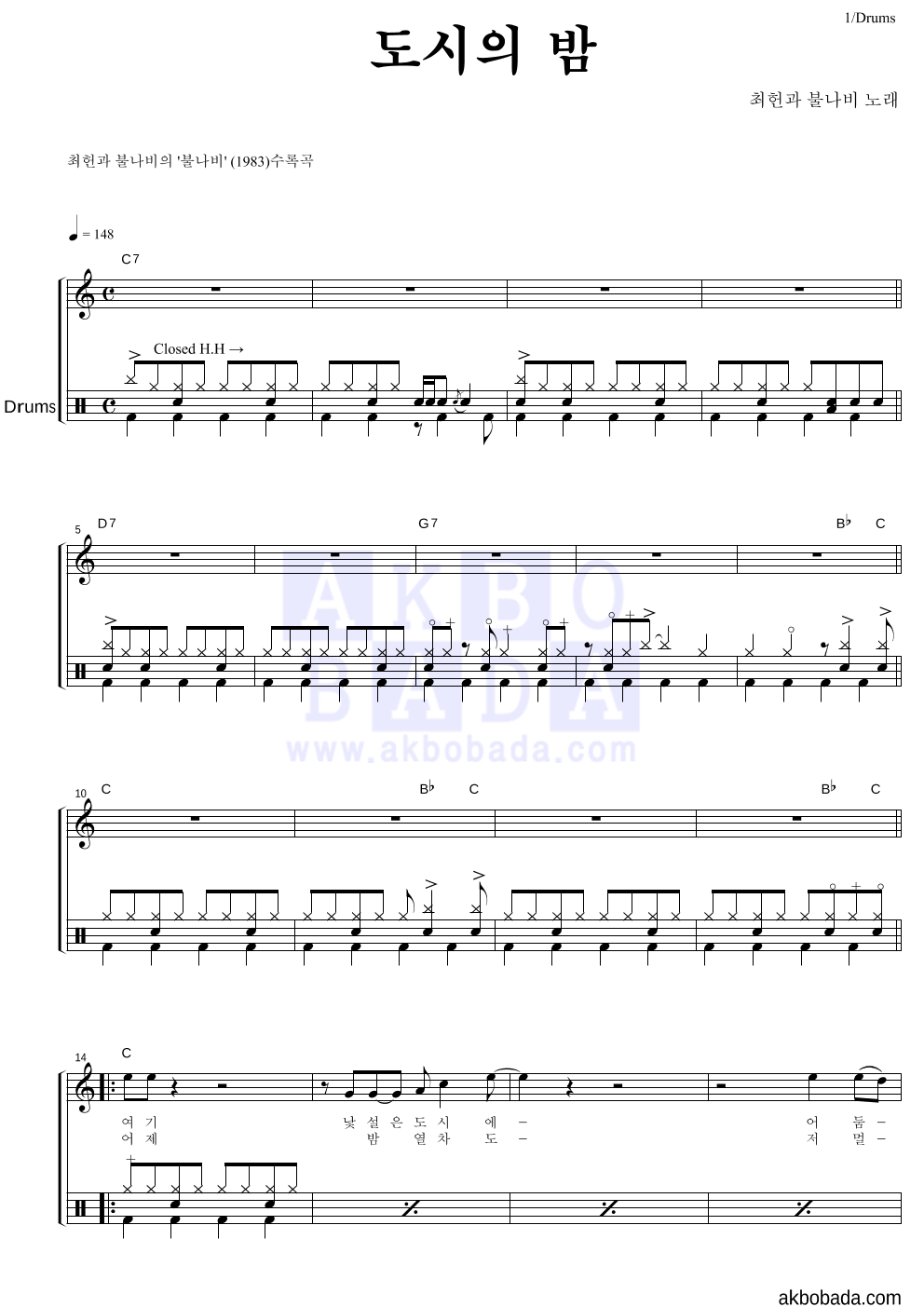 최헌과 불나비 - 도시의 밤 드럼 악보 