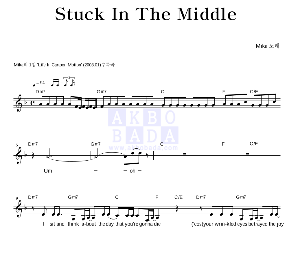 MIKA(미카) - Stuck In The Middle 멜로디 악보 
