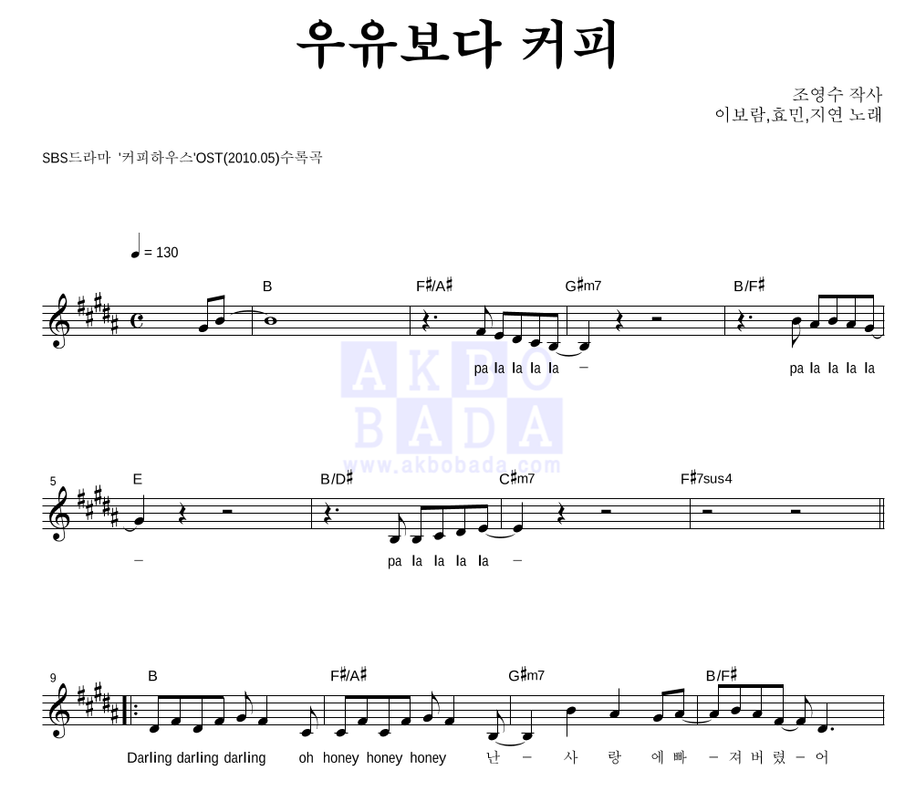 보람,효민,지연 - 우유보다 커피 멜로디 악보 
