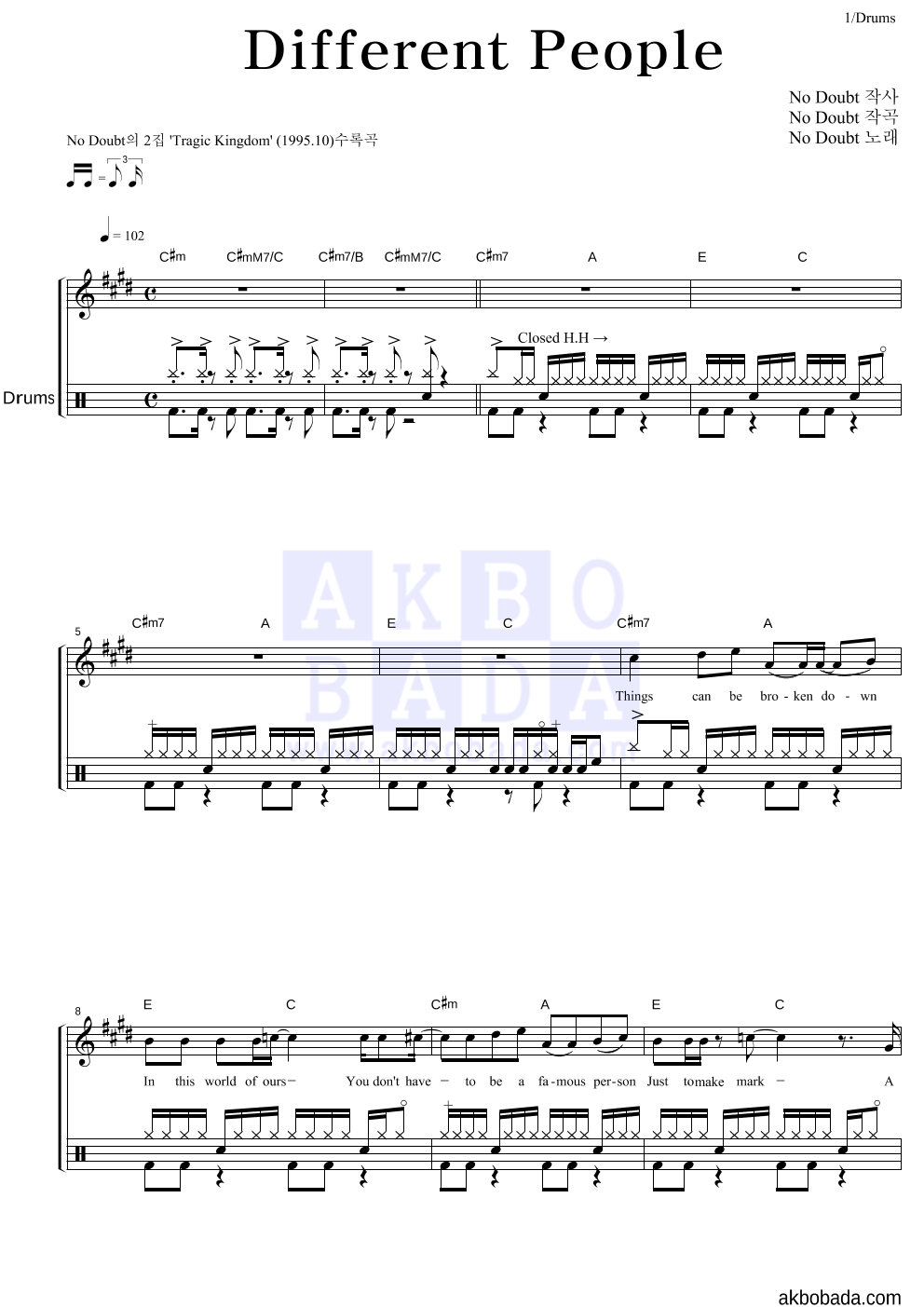 No Doubt - Different People 드럼 악보 
