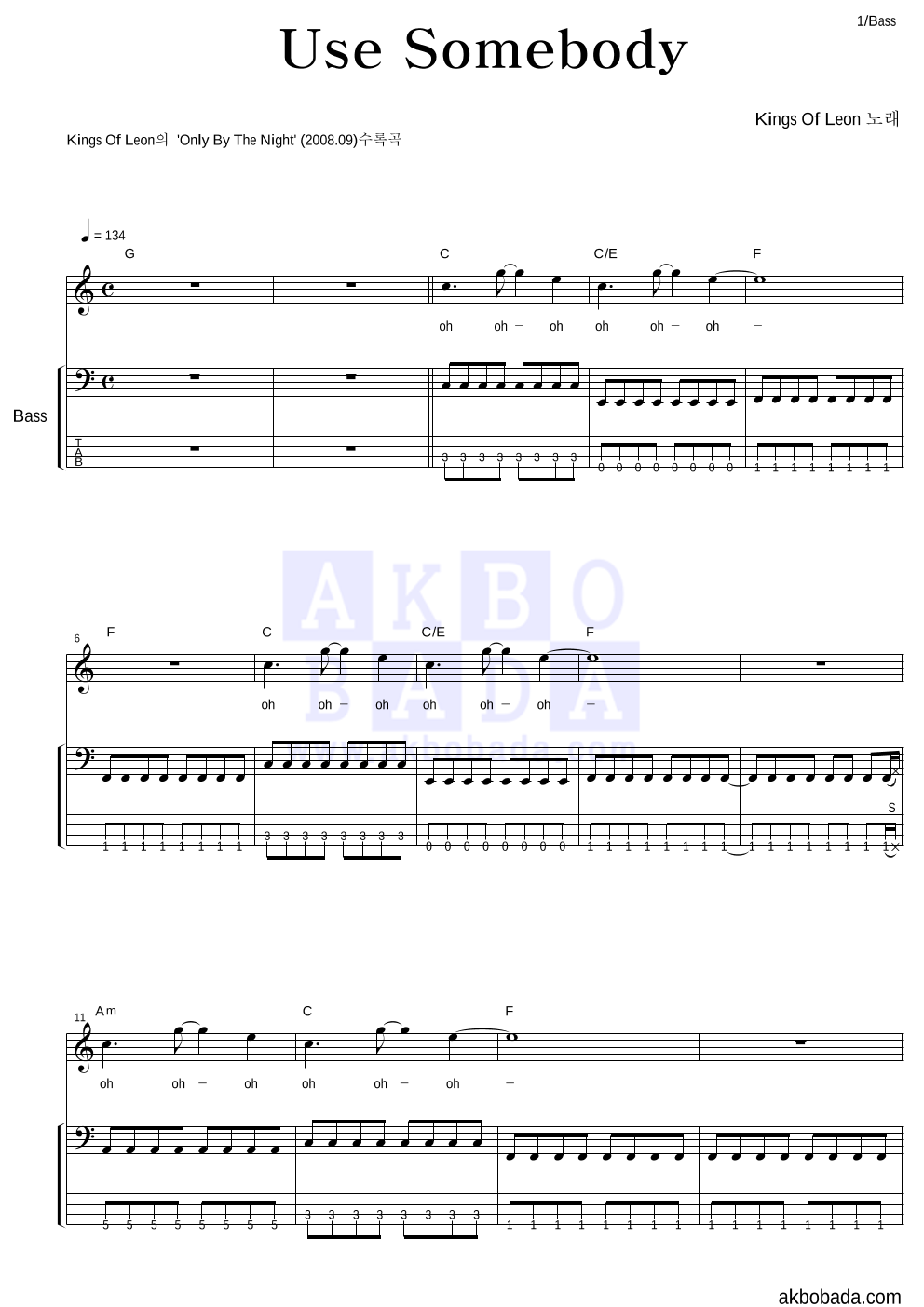 Kings Of Leon Use Somebody 악보 악보바다