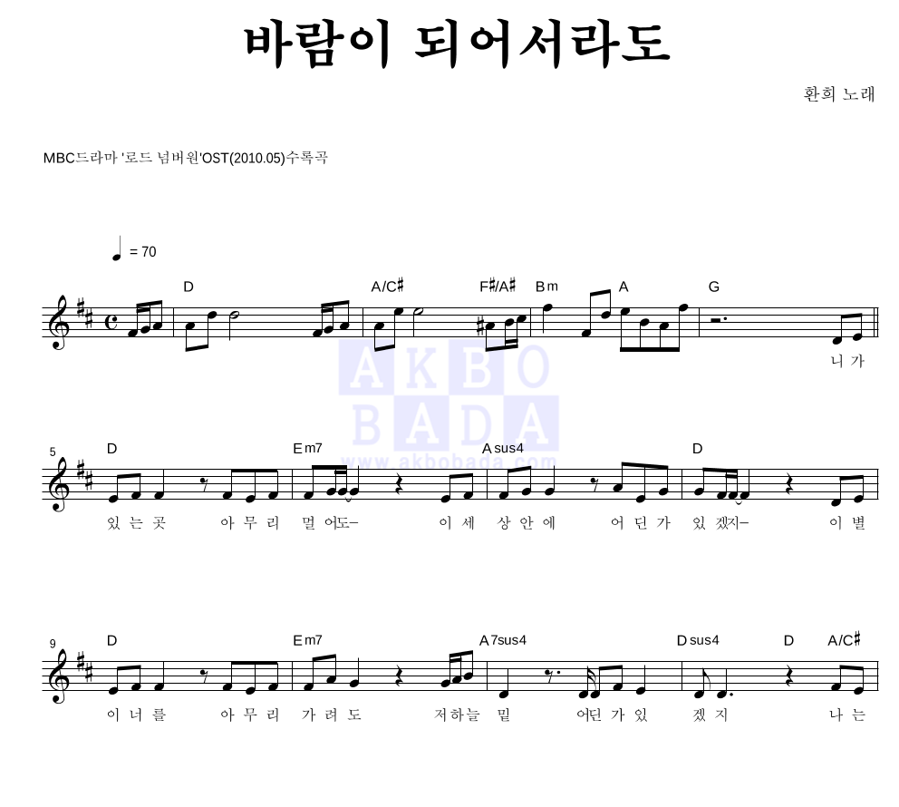 환희 - 바람이 되어서라도 멜로디 악보 