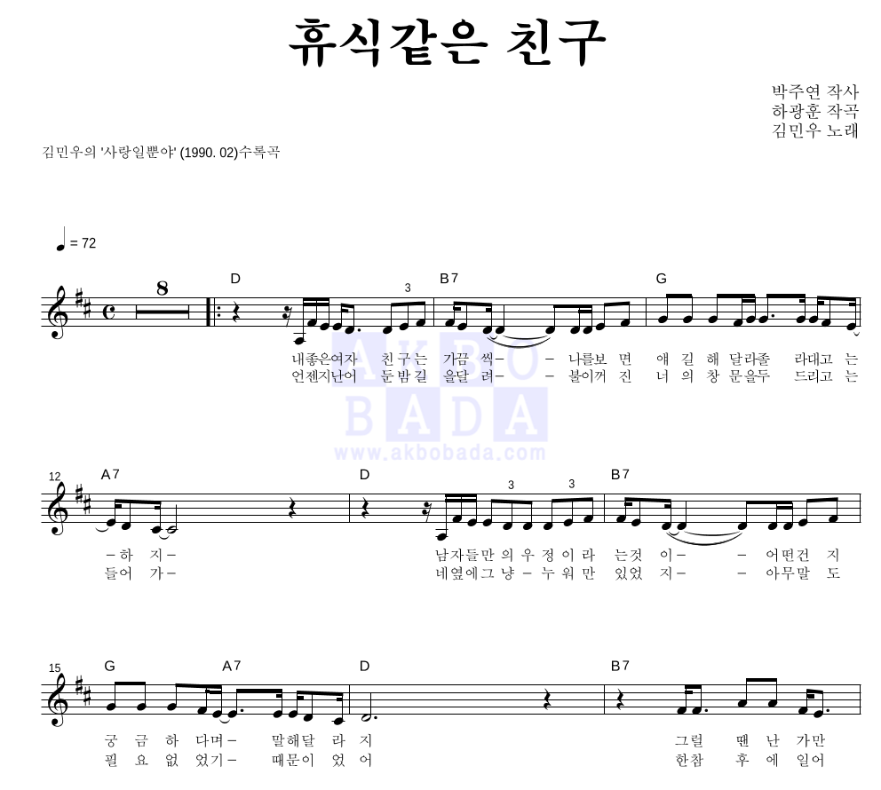 김민우 - 휴식같은 친구 멜로디 악보 