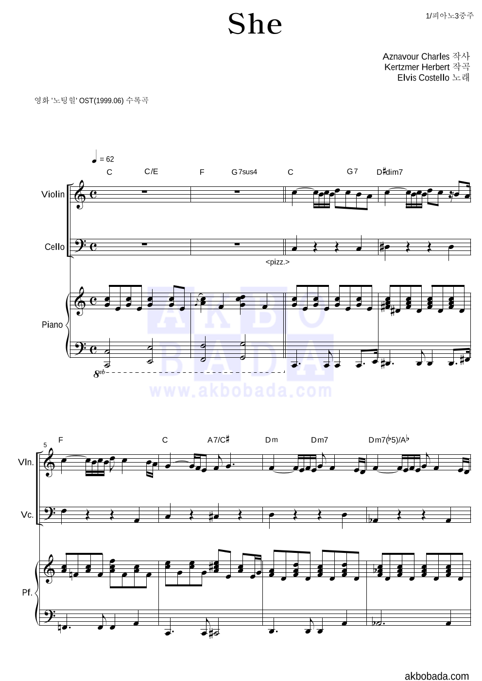 Elvis Costello - She 피아노3중주 악보 