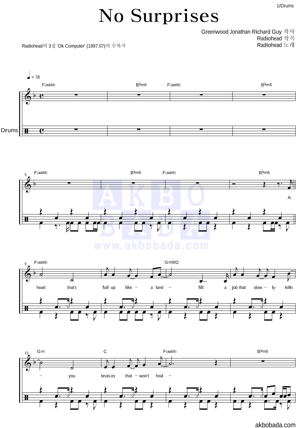 Radiohead - No Surprises 드럼 악보 