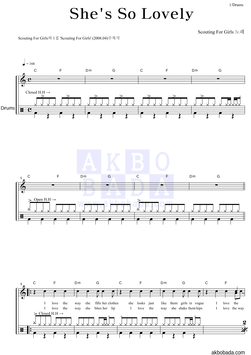 Scouting For Girls - She's So Lovely 드럼 악보 