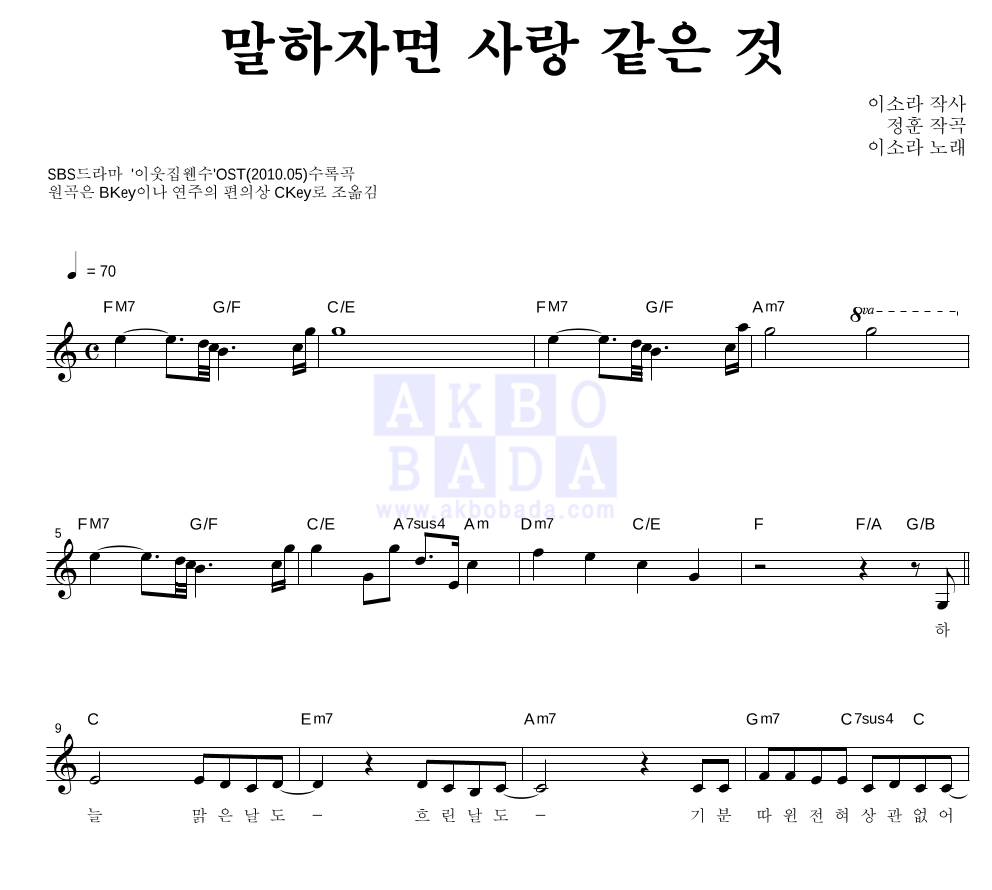 이소라 - 말하자면 사랑 같은 것 멜로디 악보 