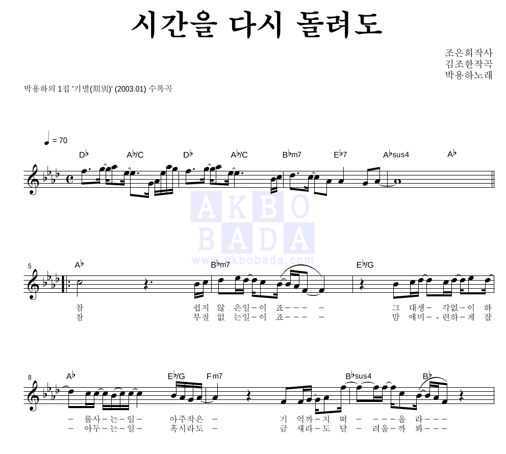 박용하 - 시간을 다시 돌려도 멜로디 악보 