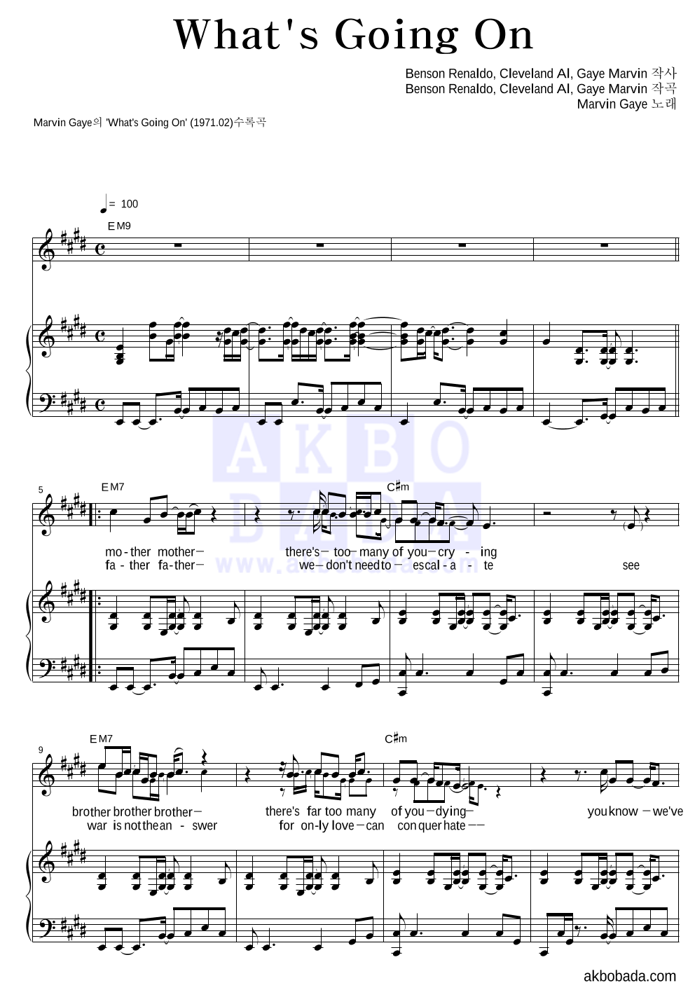 Marvin Gaye - What's Going On 피아노 3단 악보 