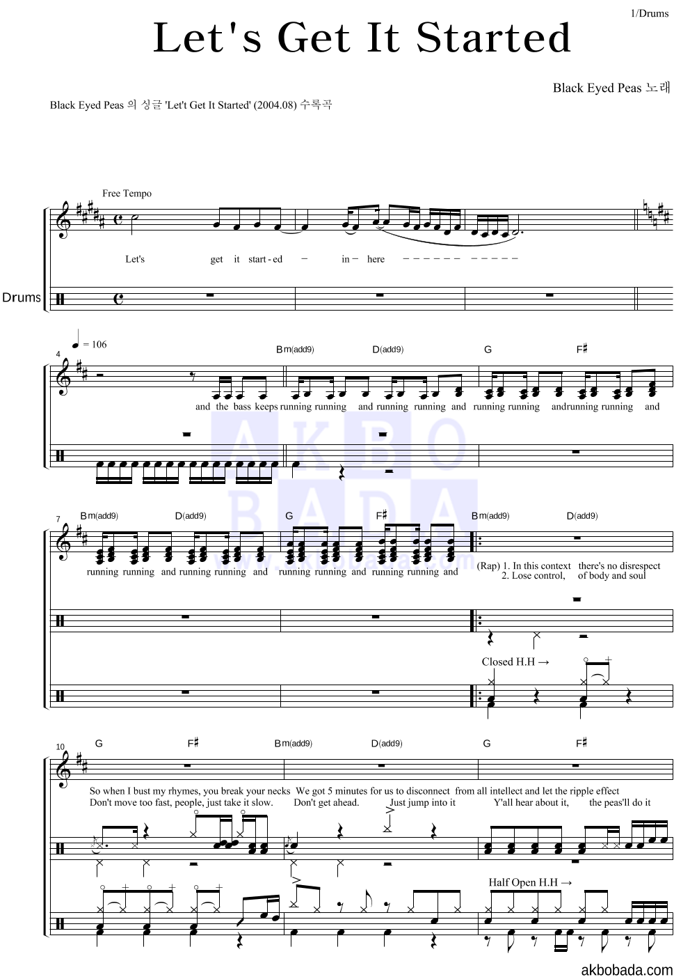 Black Eyed Peas Let's Get It Started 악보 악보바다