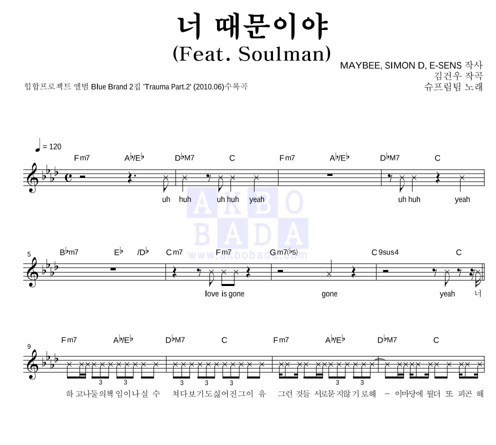 슈프림팀 - 너 때문이야 (Feat. Soulman) 멜로디 악보 