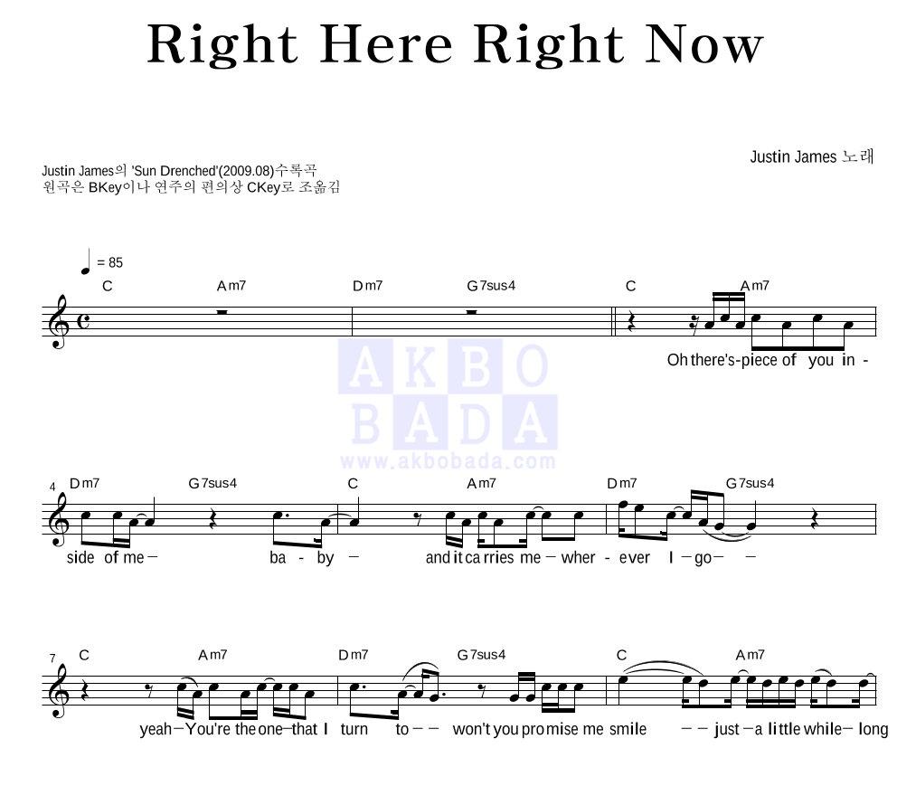 Justin James - Right Here Right Now 멜로디 악보 
