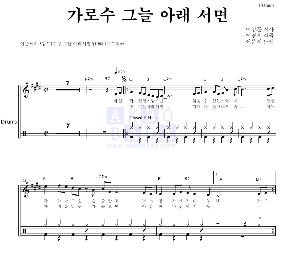 이문세 - 가로수 그늘 아래 서면 드럼 악보 